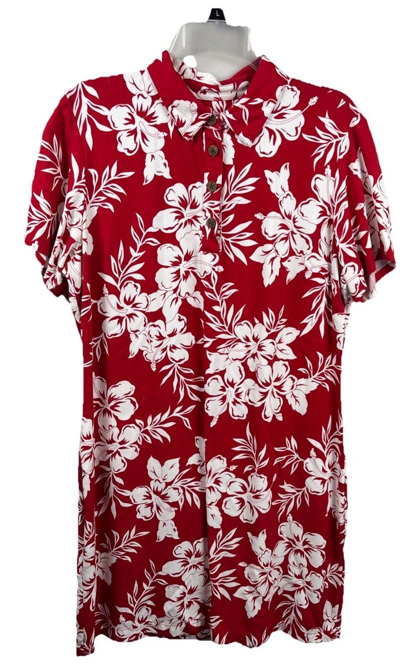 Caribbean Joe Hawaiian Mid Dress PL Woman’s Short Sleeve Petite Red Rayon